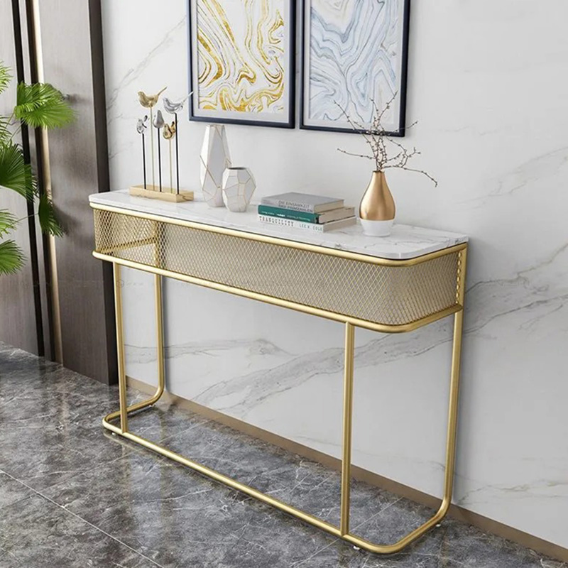 Bàn Console Mirza mặt đá, khung sắt mạ vàng họa tiết lưới CT104