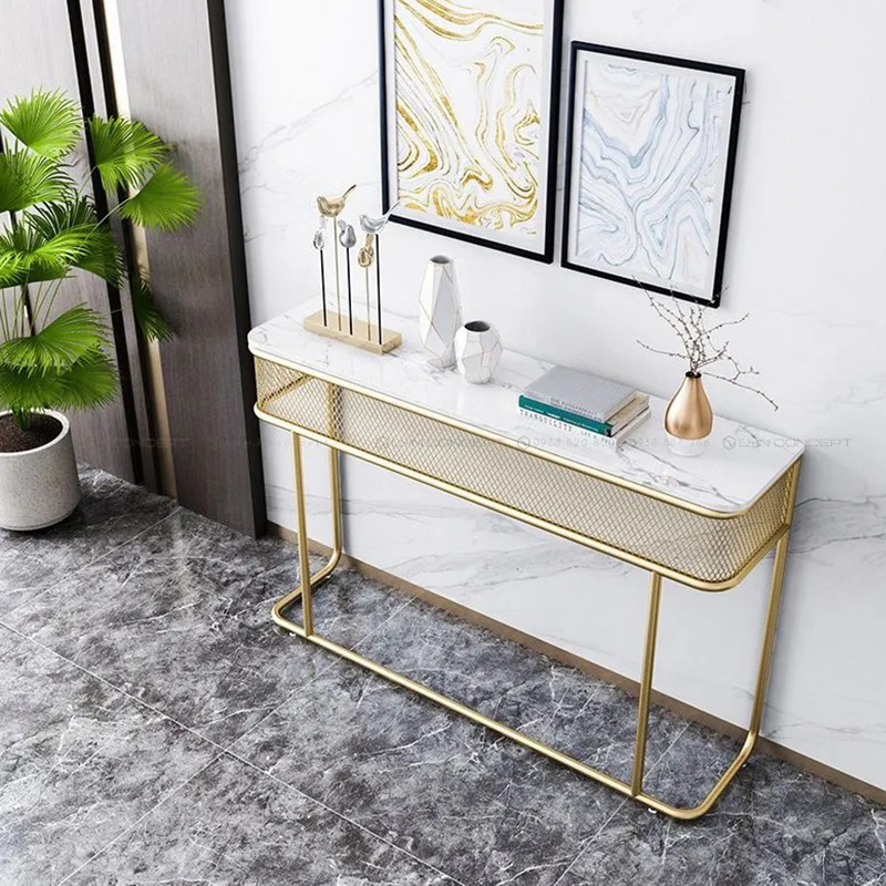 Bàn Console Mirza mặt đá, khung sắt mạ vàng họa tiết lưới CT104