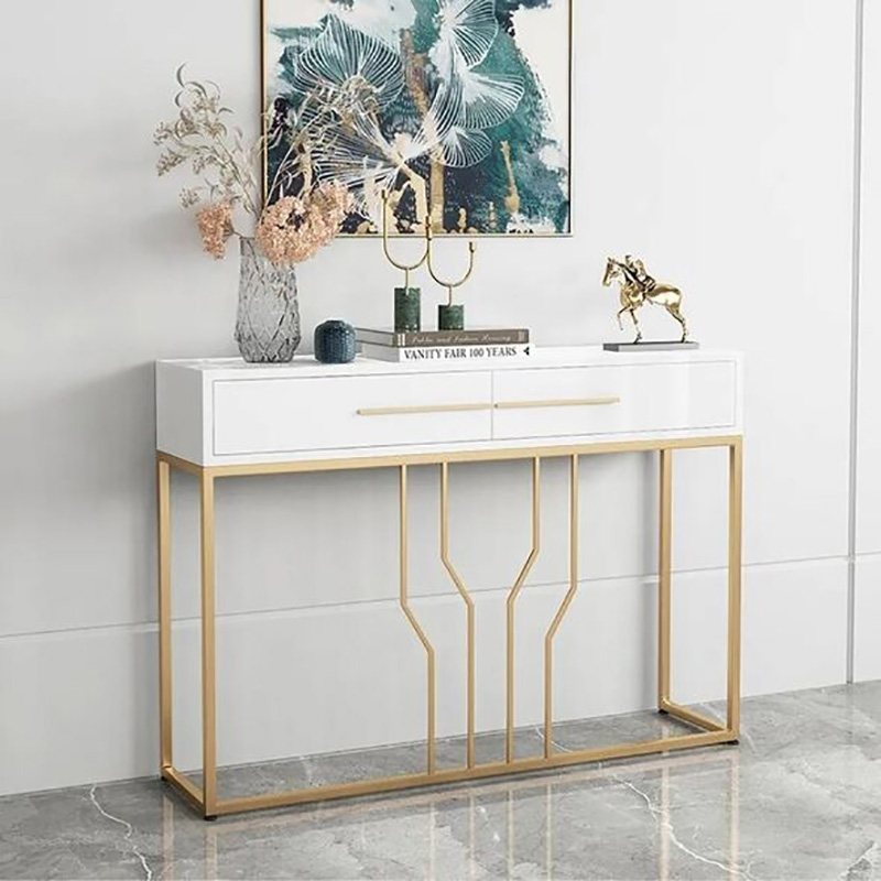 Bàn console trang trí phòng khách phòng ngủ 2 ngăn kéo trắng chân sắt CT121
