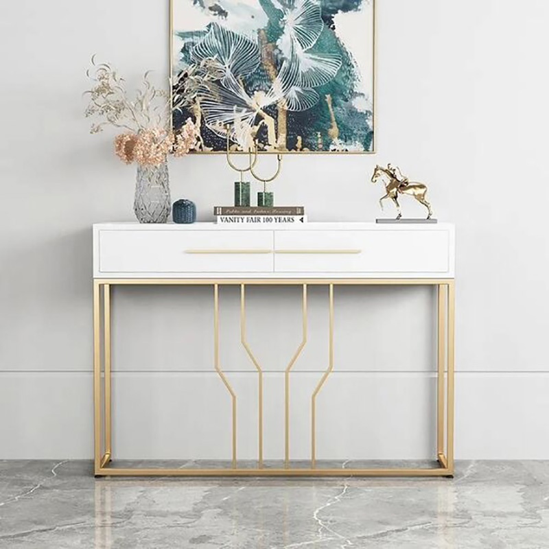 Bàn console trang trí phòng khách phòng ngủ 2 ngăn kéo trắng chân sắt CT121