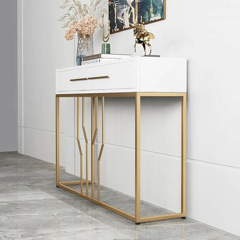 Bàn console trang trí phòng khách phòng ngủ 2 ngăn kéo trắng chân sắt CT121