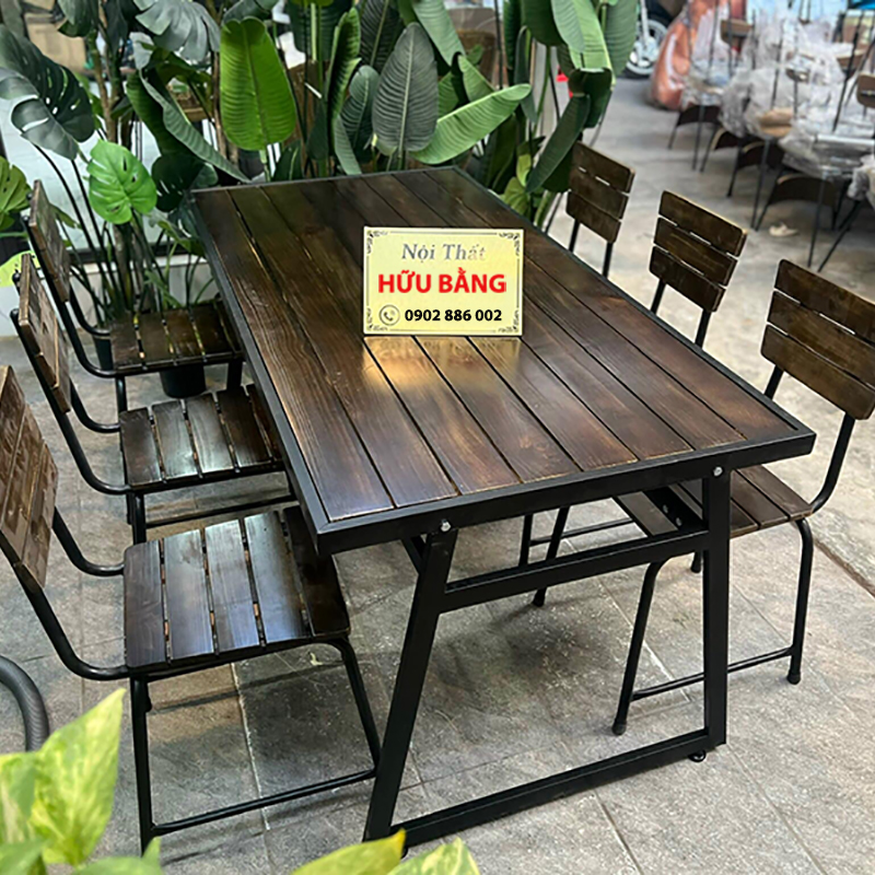 Bộ bàn ghế cafe, quán ăn, nhà hàng chân sắt mặt gỗ GC910