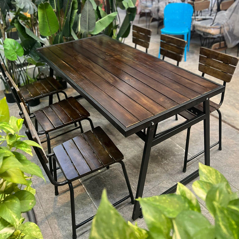 Bộ bàn ghế cafe, quán ăn, nhà hàng chân sắt mặt gỗ GC910