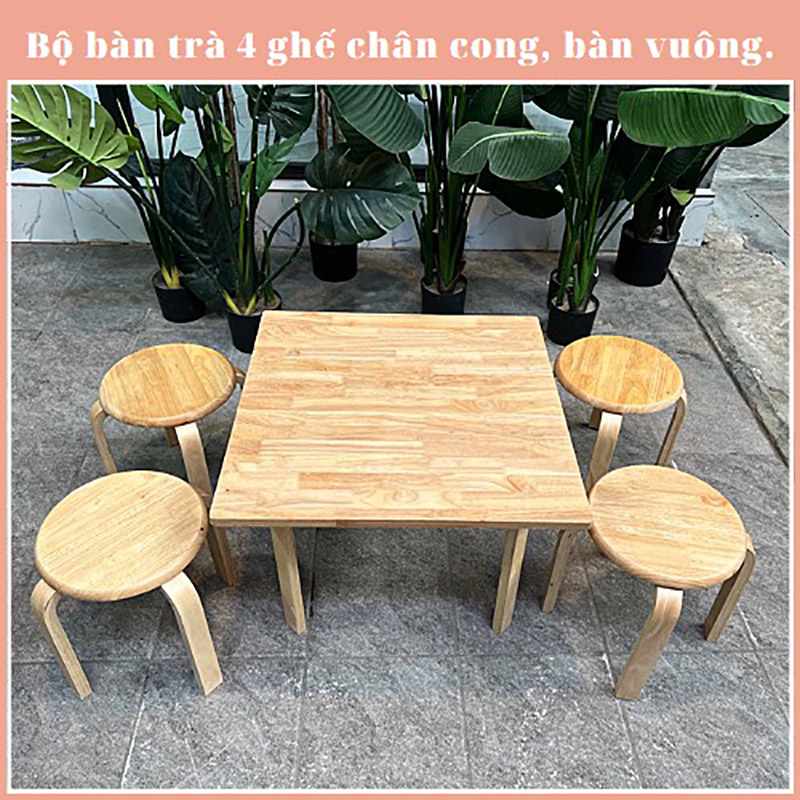 Bộ Bàn Ghế Mầm Non 1 bàn vuông và 4 ghế chân cong gỗ cao su GC569