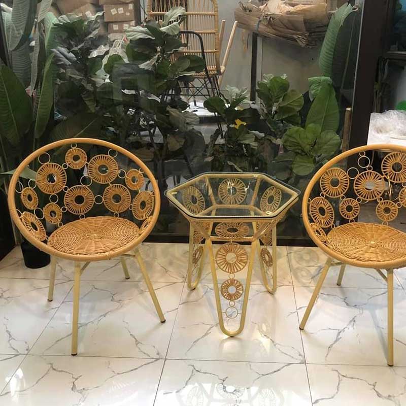 Bộ bàn trà cafe giả mây đan hoa cúc lục giác BM346