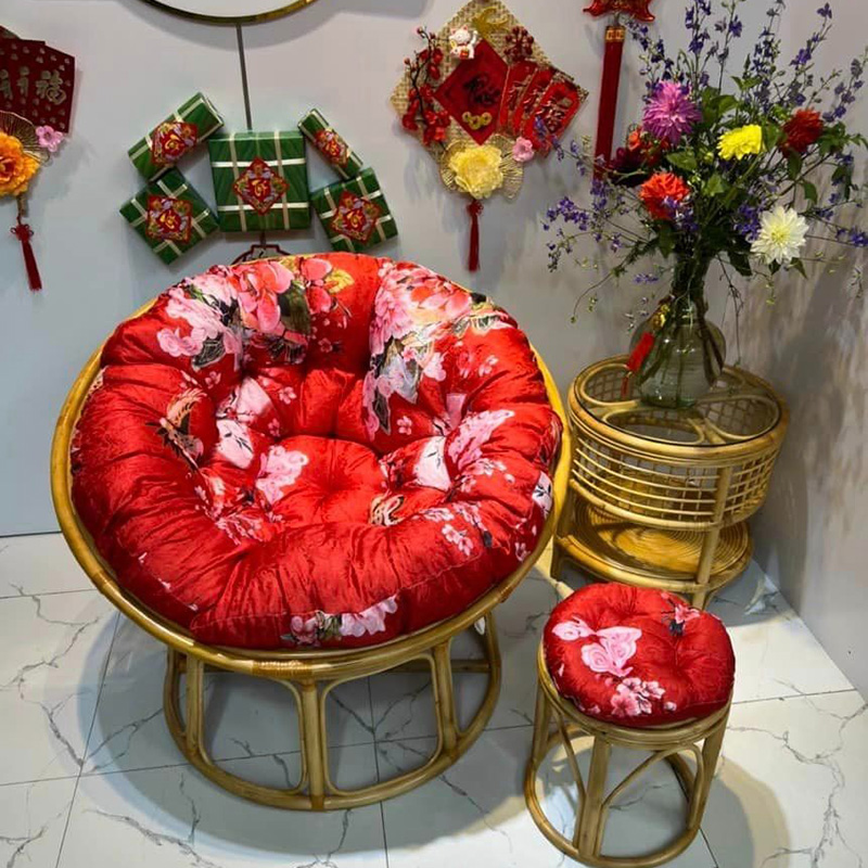 Ghế chảo Papasan thư giãn mây thật 100%, đệm bọc vải gấm sắc màu BM590