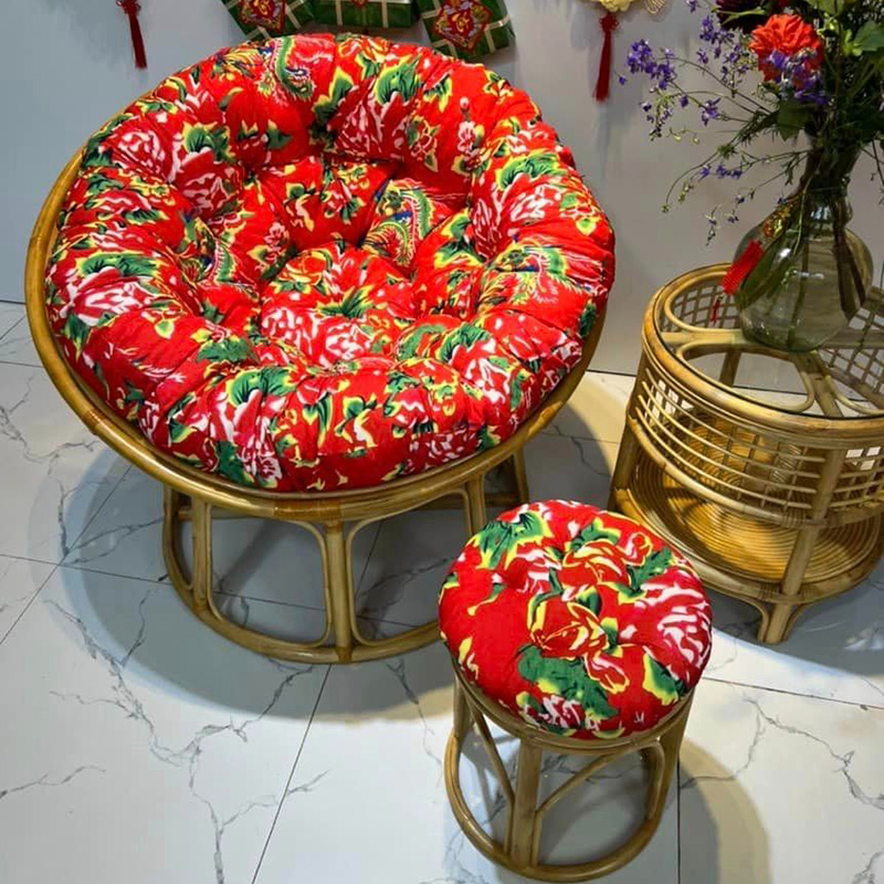 Ghế chảo Papasan thư giãn mây thật 100%, đệm bọc vải gấm sắc màu BM590