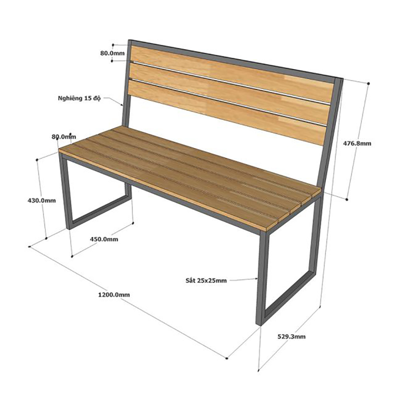 Ghế băng có tựa lưng gỗ cao su khung sắt BS298