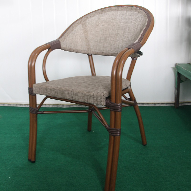 Ghế cafe ngoài trời khung nhôm giả mây màu gỗ lưng nệm lưới Textilen BS216