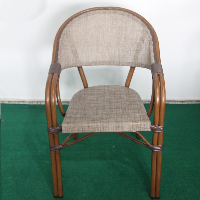 Ghế cafe ngoài trời khung nhôm giả mây màu gỗ lưng nệm lưới Textilen BS216