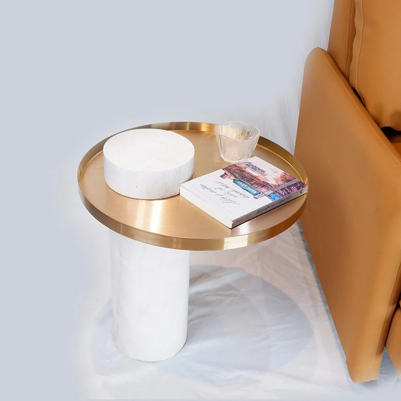 Bàn tab đế đã trắng vân mây hình trụ tròn kết hợp mặt Inox mạ vàng BC295