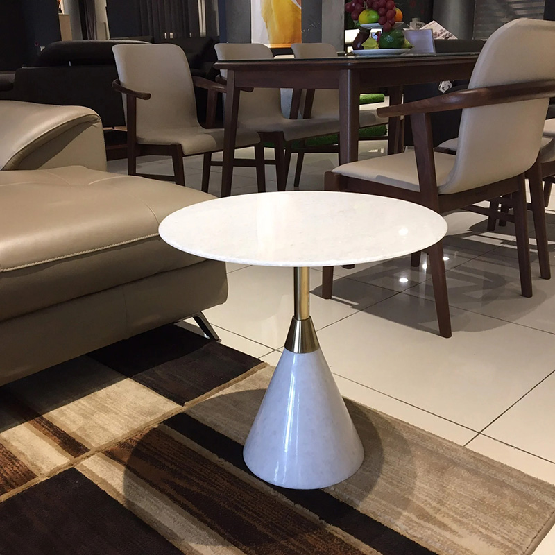 Bàn tab trụ đá trắng muối tự nhiên, mặt đá hình tròn D45cm BC257