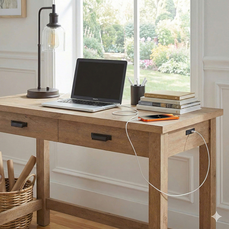 Bàn học, bàn làm việc có cổng sạc USB và 2 ngăn kéo BH665