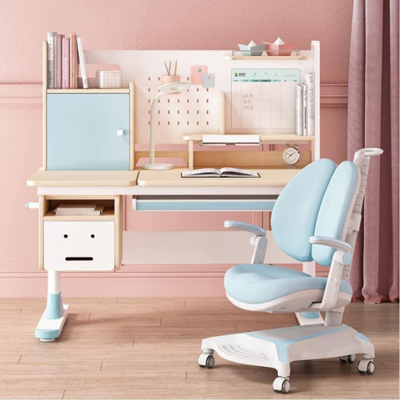 Bàn học thông minh cho bé S03 màu Xanh - Hồng liền giá sách BH273