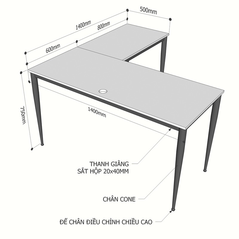 Bàn làm việc chữ L chân trụ kích thước 1m4 BV858