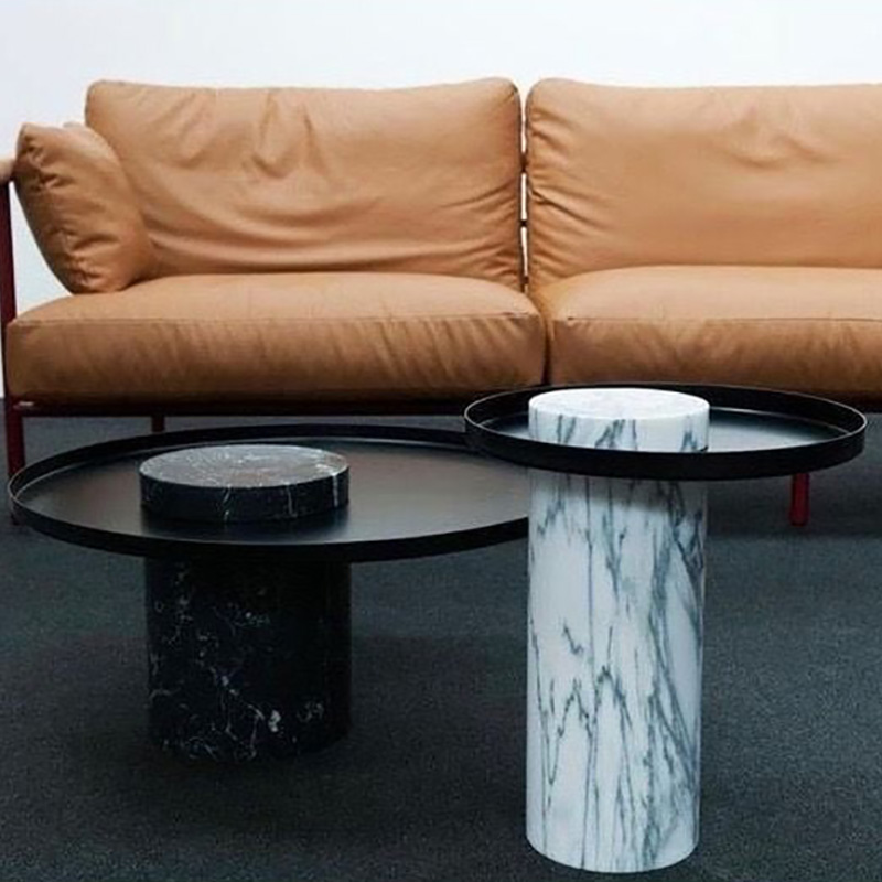 Bàn trà trụ đá đen vân trắng nguyên khối, mặt sắt sơn tĩnh điện BT949