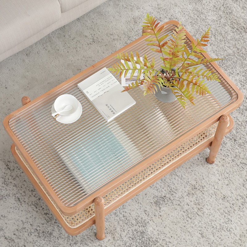 Bàn trà sofa 2 tầng hình chữ nhật mặt kính kết hợp mặt mây BT673