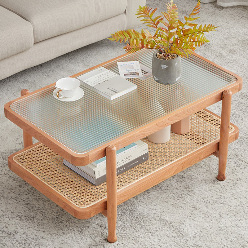 Bàn trà sofa 2 tầng hình chữ nhật mặt kính kết hợp mặt mây BT673