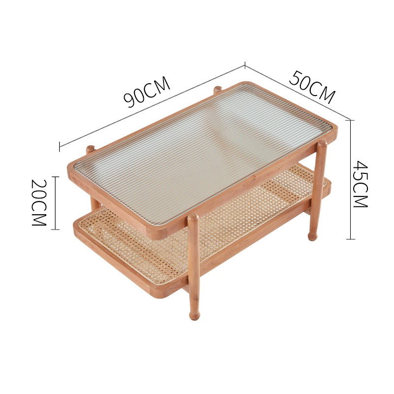 Bàn trà sofa 2 tầng hình chữ nhật mặt kính kết hợp mặt mây BT673