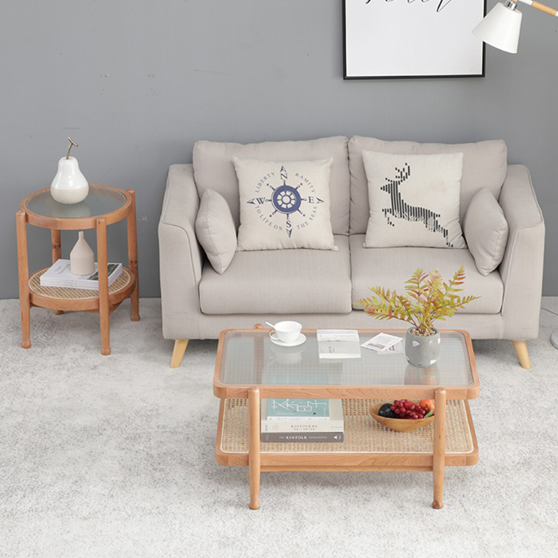 Bàn trà sofa 2 tầng hình chữ nhật mặt kính kết hợp mặt mây BT673