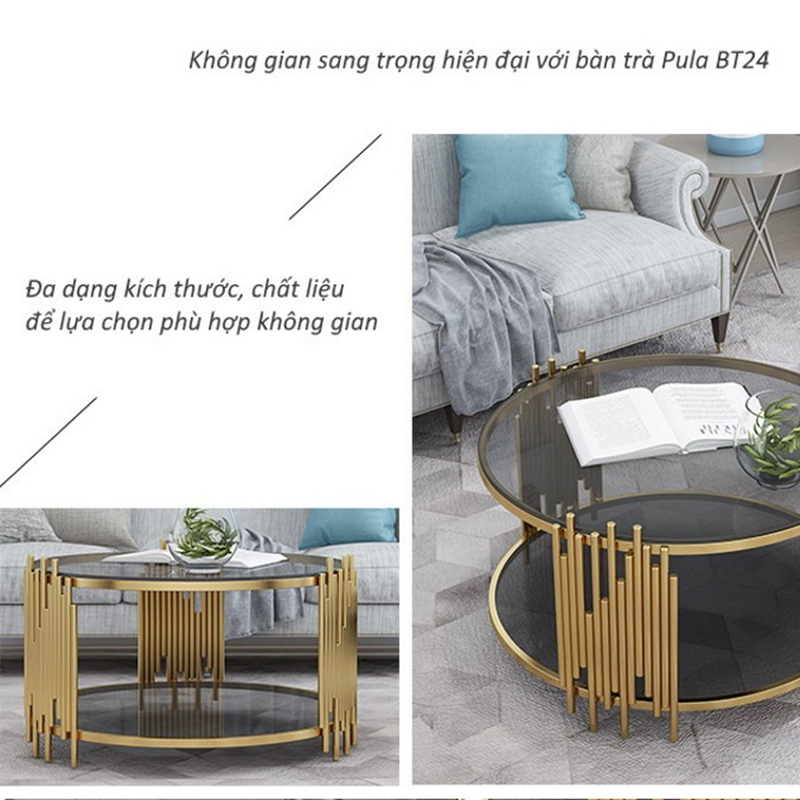Bàn trà tròn 2 tầng mặt kính mạ PVD BT687