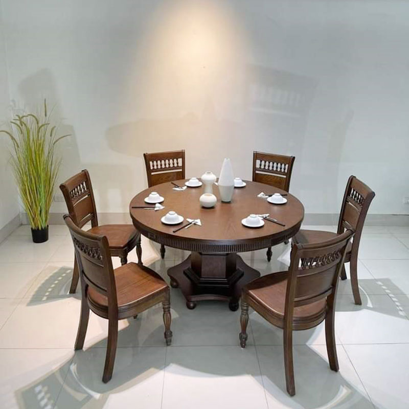 Bộ bàn ăn tròn gỗ tự nhiên kết hợp 6 ghế đẹp cho phòng bếp BA814