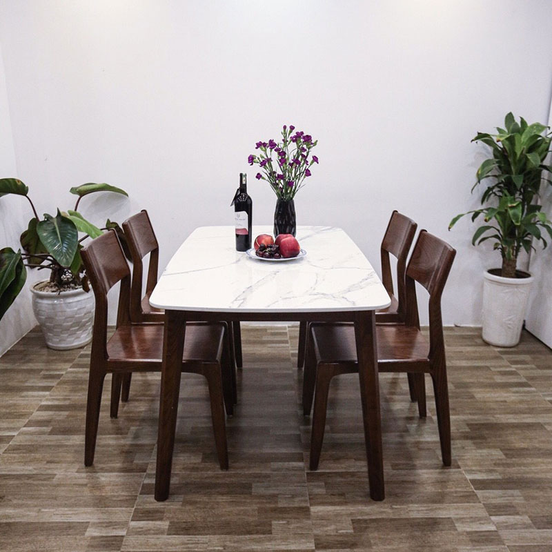 Bàn ăn gỗ sồi mặt đá Cremic 4 ghế đẹp hiện đại BA562