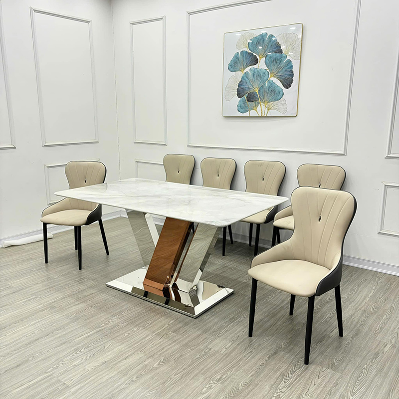 Bộ bàn ăn chân inox chữ V siêu đẹp sẵn giá tốt BO922