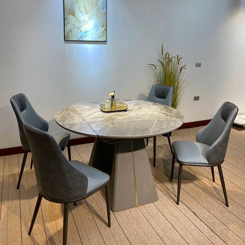 Bộ bàn ăn tròn thông minh mặt đá kết hợp ghế da BA966
