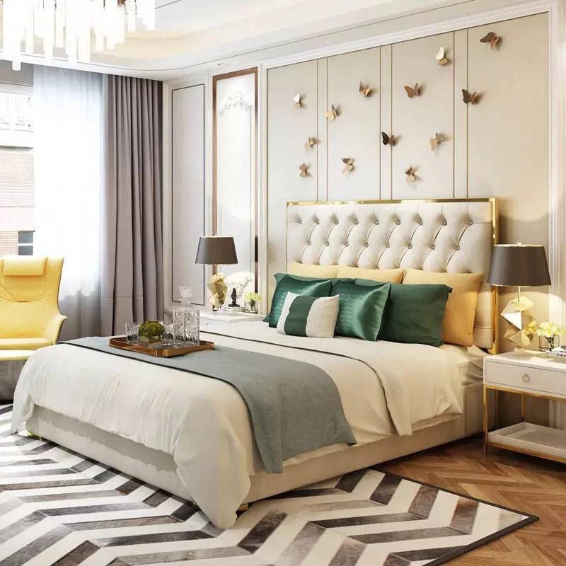 Giường ngủ viền vàng đệm da sang trọng phong cách Italia GN623