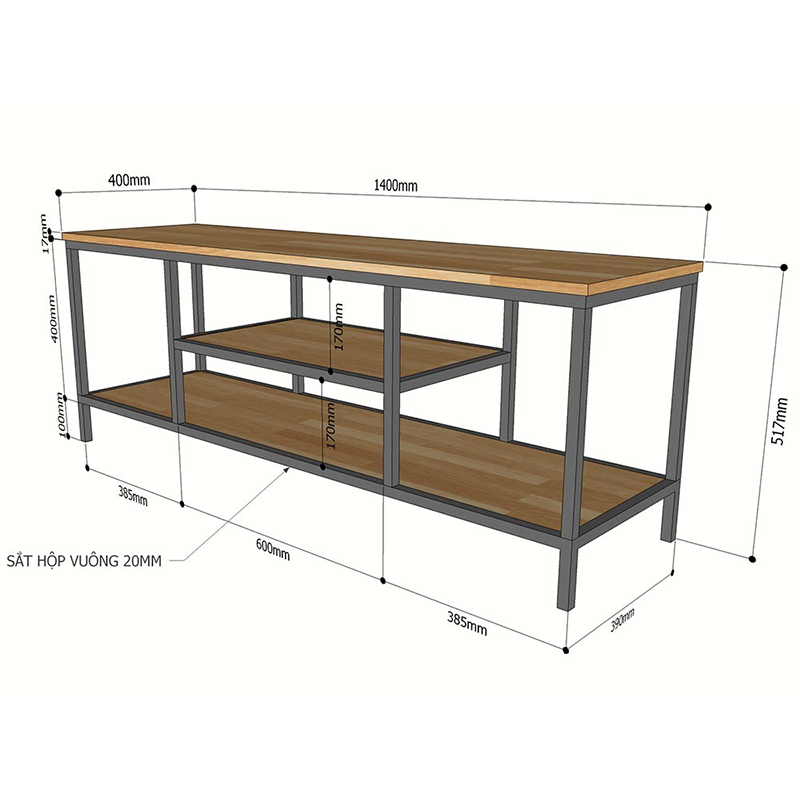 Kệ tivi 140cm khung sắt sơn tĩnh điện kết hợp mặt gỗ cao su KT940
