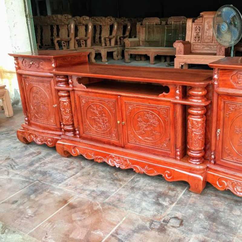 Kệ tivi cột nho cánh cong gỗ hương đá dài 2m4 KT308