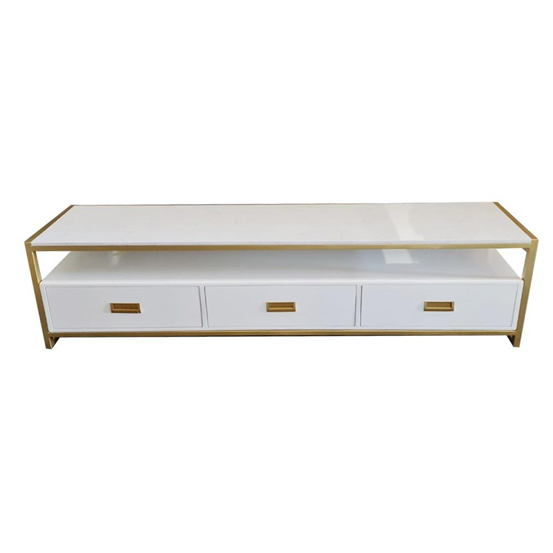Kệ tivi khung sắt mạ vàng 3 ngăn kéo, mặt đá cao cấp KT395