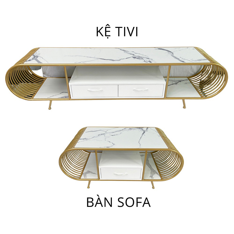 Kệ tivi phòng khách hiện đại, mặt đá khung sắt mạ vàng KT396