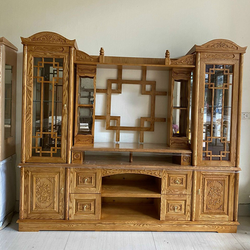 Kệ tủ tivi kết hợp tủ rượu gỗ sồi Nga đẹp KT389