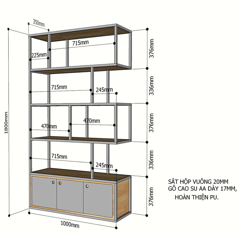 Kệ trang trí có hộc để đồ gỗ cao su khung sắt KT 100x35x180cm TR205