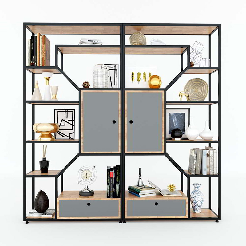 Tủ trang trí cỡ lớn gỗ cao su kết hợp khung sắt KT 180x30x180cm TR207