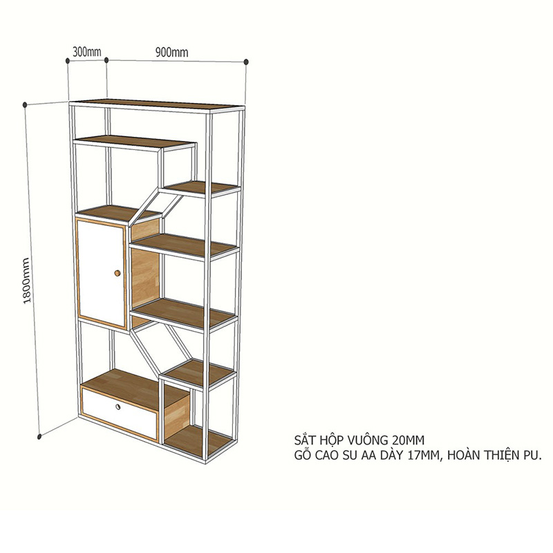 Tủ trang trí cỡ lớn gỗ cao su kết hợp khung sắt KT 180x30x180cm TR207