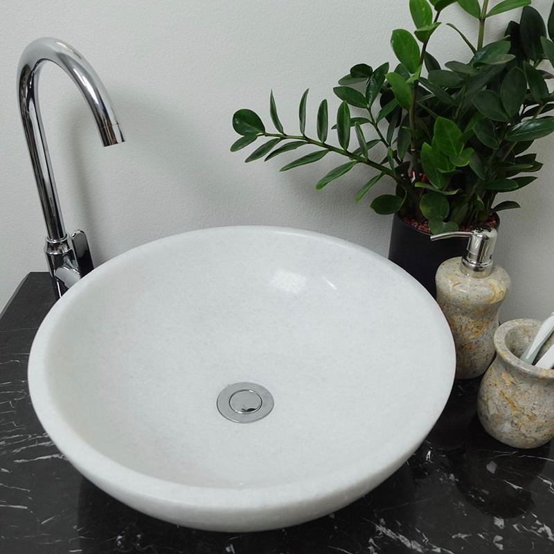 Bồn rửa Lavabo tròn đá trắng muối nguyên khối D420xH140mm LA007