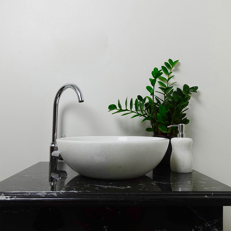 Bồn rửa Lavabo tròn đá trắng muối nguyên khối D420xH140mm LA007