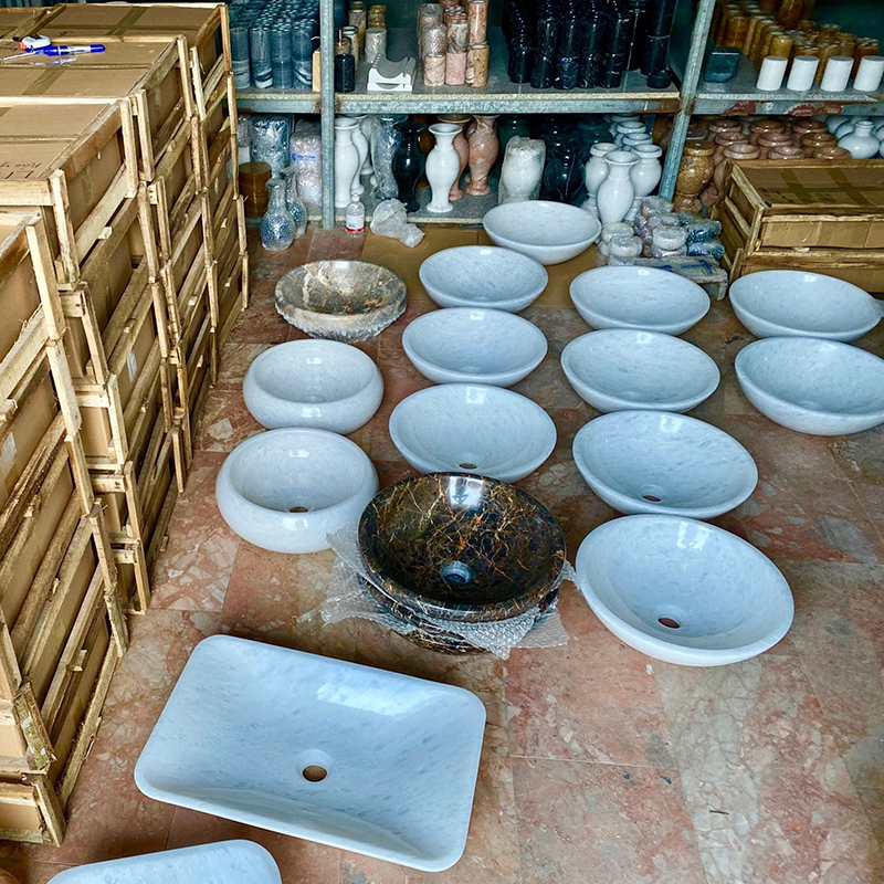 Bồn rửa Lavabo tròn đá trắng muối nguyên khối D420xH140mm LA007