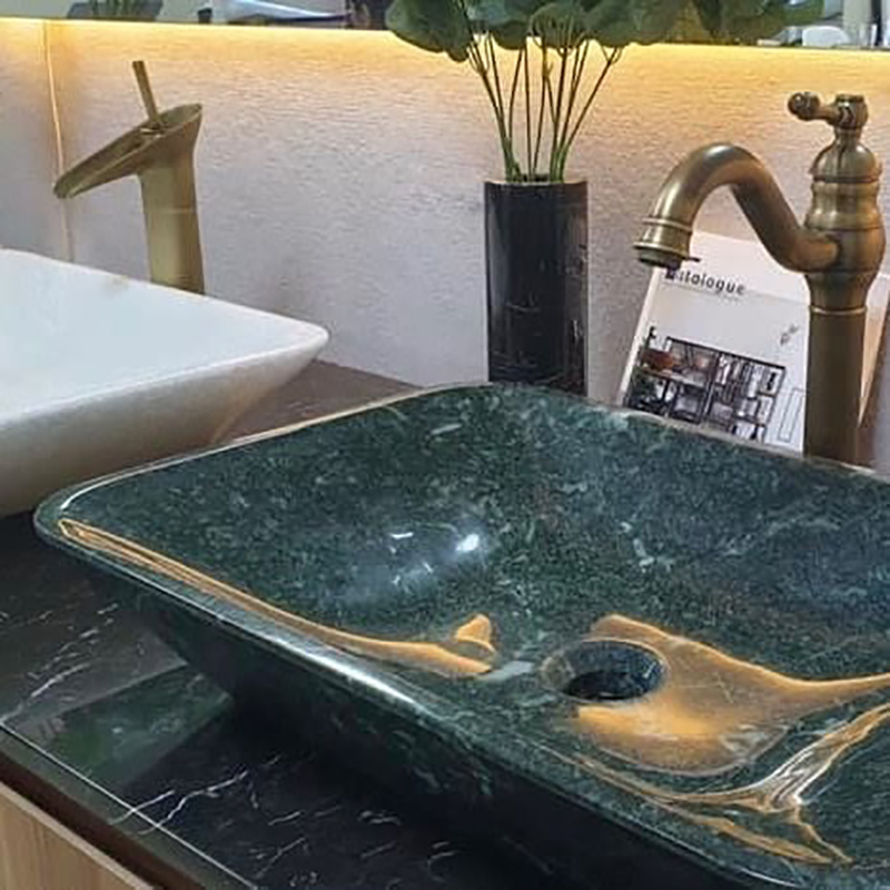 Lavabo cao cấp vát cạnh đá xanh Ấn Độ nguyên khối LA011