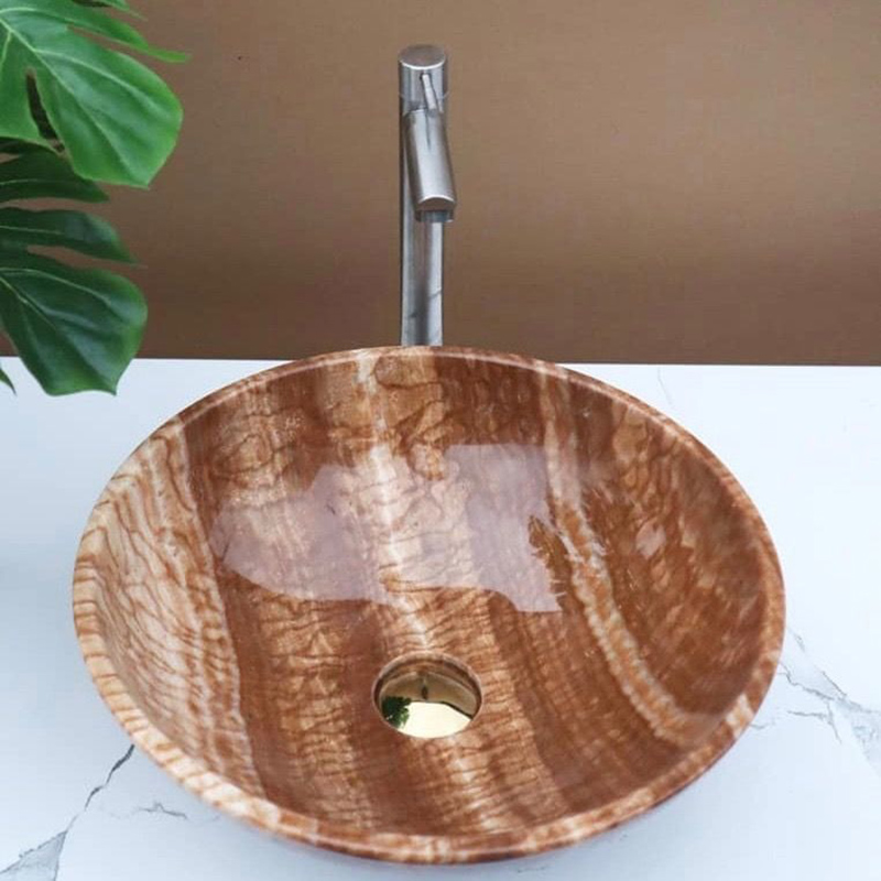 Lavabo tròn đá mộc thạch tự nhiên nguyên khối D420xH140mm LA008