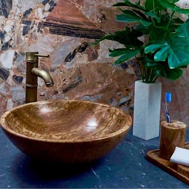 Lavabo tròn đá mộc thạch tự nhiên nguyên khối D420xH140mm LA008