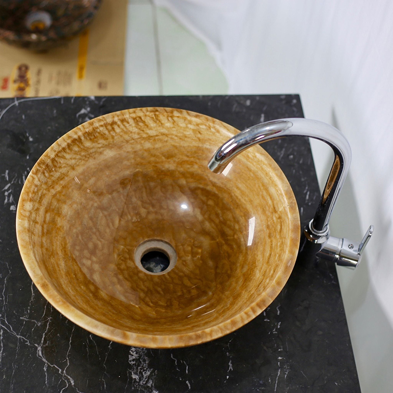 Lavabo tròn đá mộc thạch tự nhiên nguyên khối D420xH140mm LA008