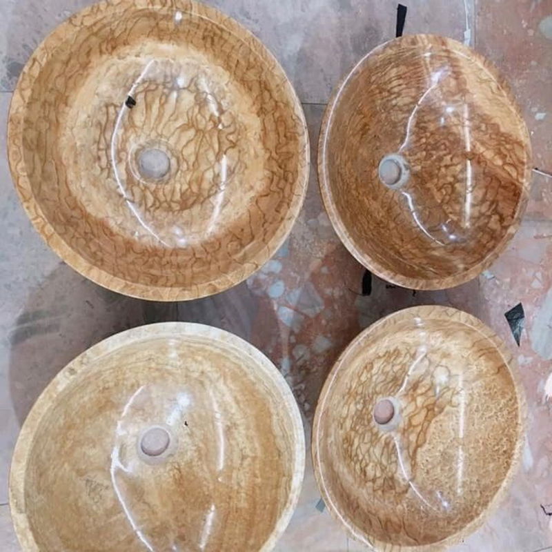 Lavabo tròn đá mộc thạch tự nhiên nguyên khối D420xH140mm LA008