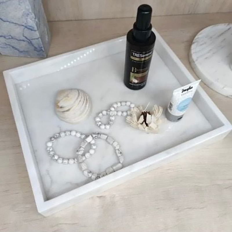 Khay đá marble quà tặng cao cấp hình vuông, đá trắng vân mây PT013