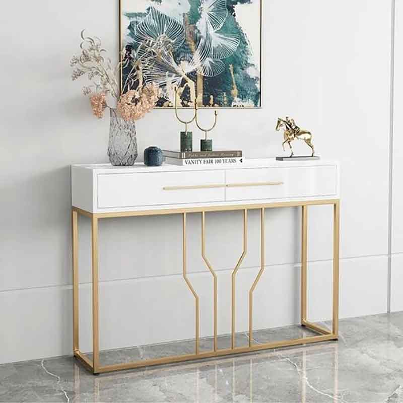 Bàn console trang trí phòng khách phòng ngủ 2 ngăn kéo trắng chân sắt CT121