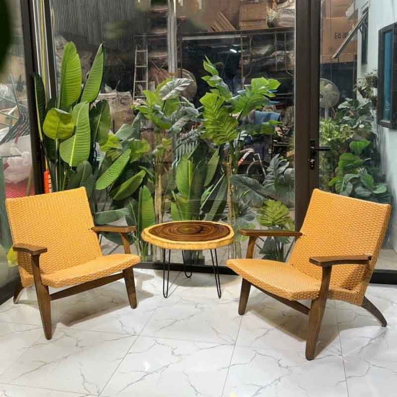 Bộ bàn ghế gỗ sồi kết hợp mây nhựa cao cấp BM516