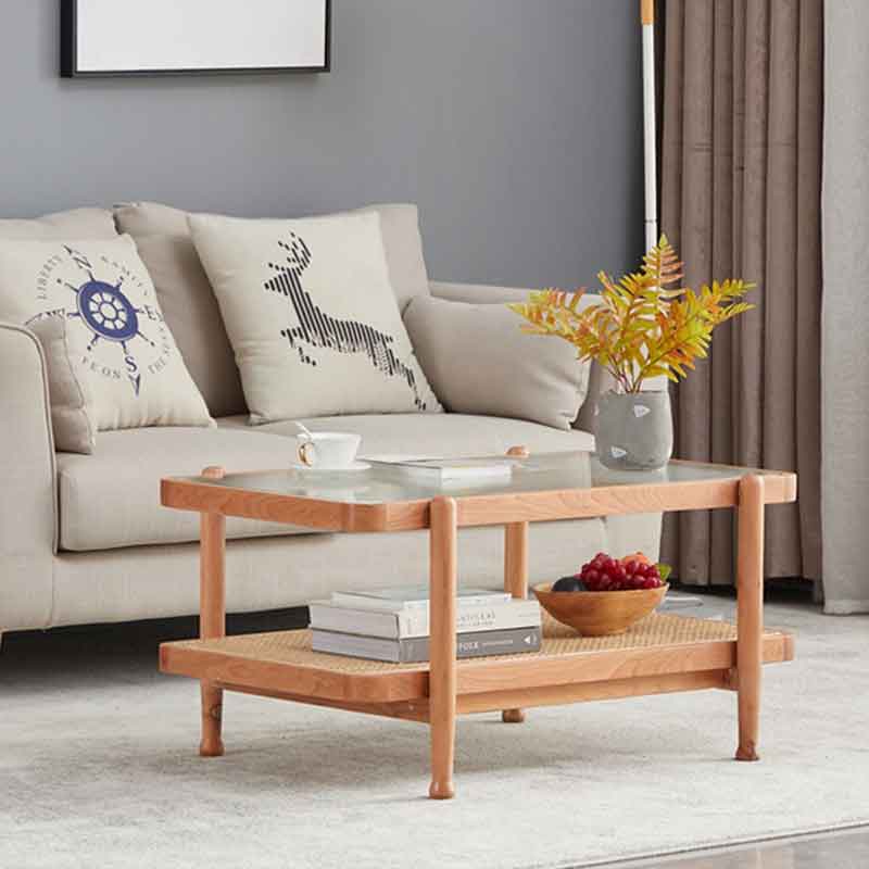 Bàn trà sofa 2 tầng hình chữ nhật mặt kính kết hợp mặt mây BT673